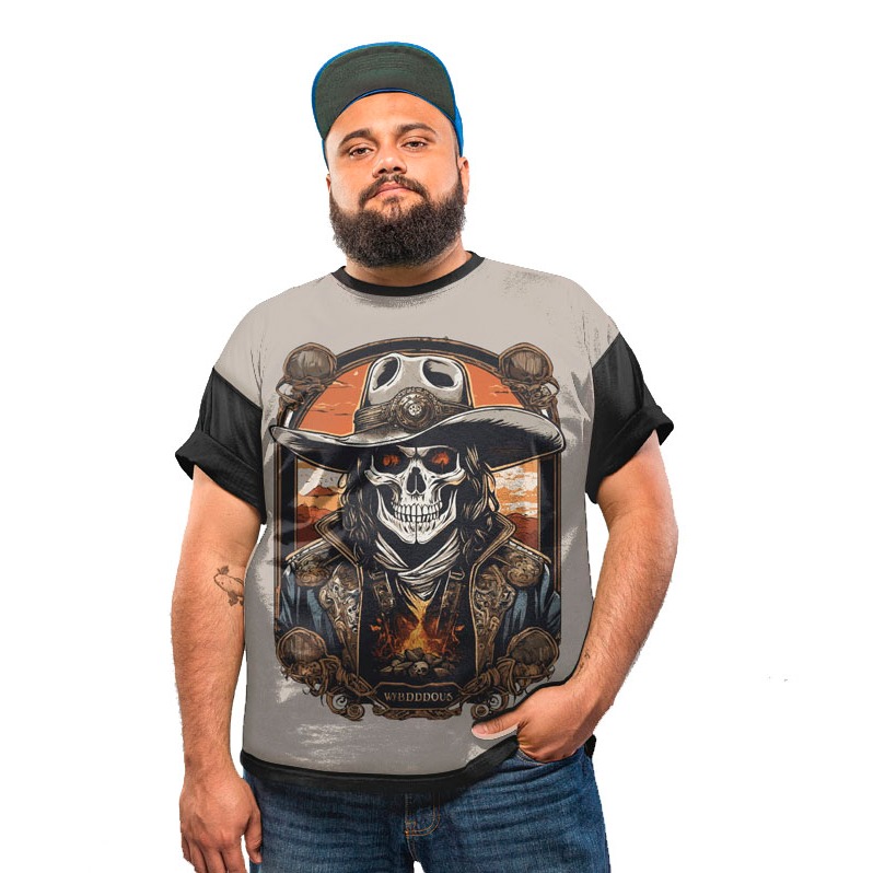 Camiseta Plus Size Caveira Faroeste Country Skull Rock Metal