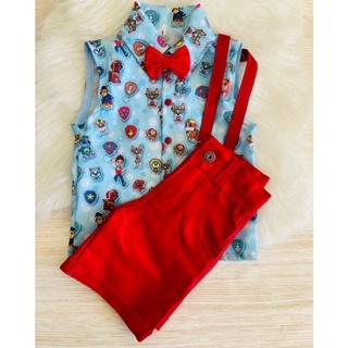 Conjunto Menino Infantil Luxo Patrulha Canina Camisa Regata +Bermuda Vermelha