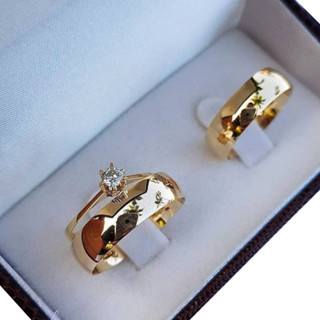 Par De Aliança De Casamento Abaulada 6mm + Anel Solitário Redondo Aço Inoxidável 316L Banhado Brilho Ouro 18k