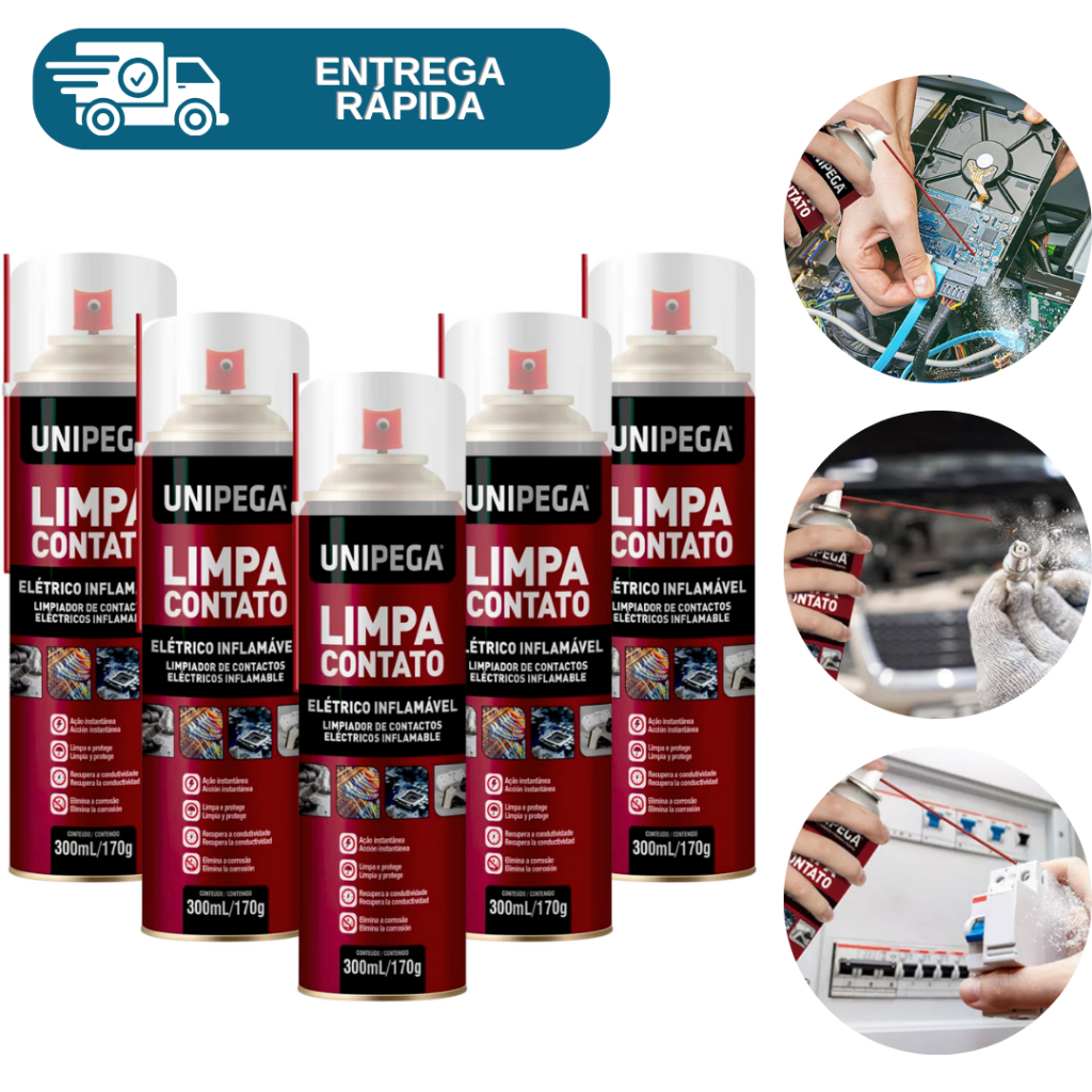 Kit 5 Limpa Contato Eletrico Eletronico Spray 300ml Unipega P/ Pc Pilha Bateria Placa de Circuitos Disjuntor Computador