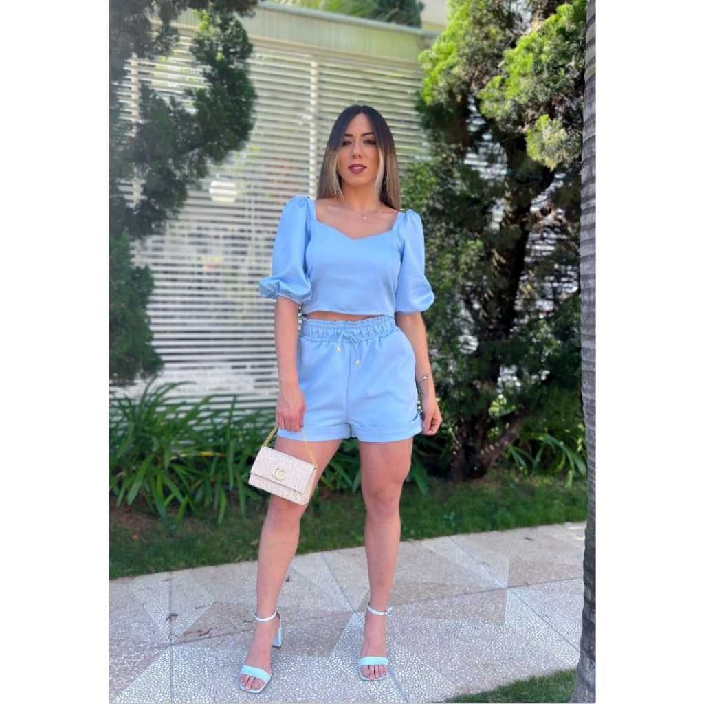 Conjunto Feminino Shorts Cropped confortavel manga bufante com elastano Alfaiataria
