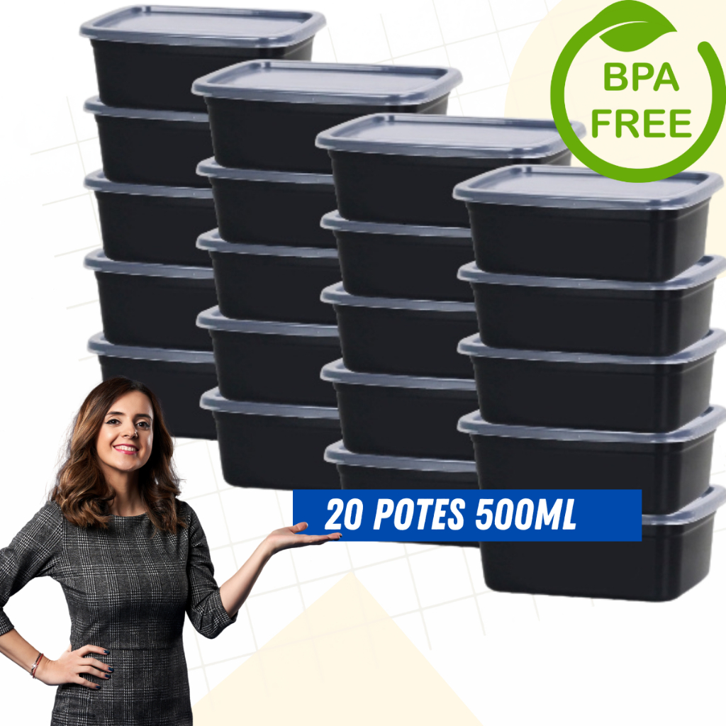 20 Potes 500ml Pretos Com Tampa Transparente Freezer Microondas Organizador Alimentos