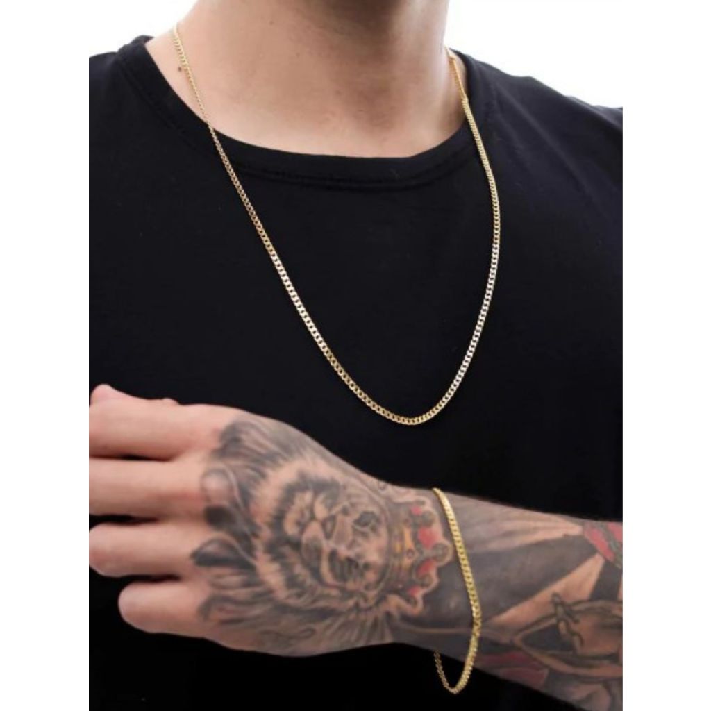Kit 2 Pçs joias de Luxo Corrente grumet com Colar e Pulseira Moda Masculina dourado Aço inox 3mm