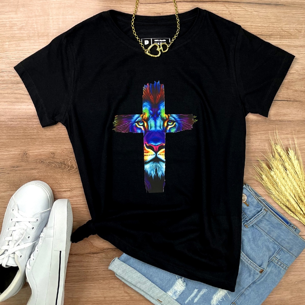 Camiseta Cruz Leão Moda Evangélica T-shirt Baby Look Feminina Algodão Premium Gospel Estilo e Fé