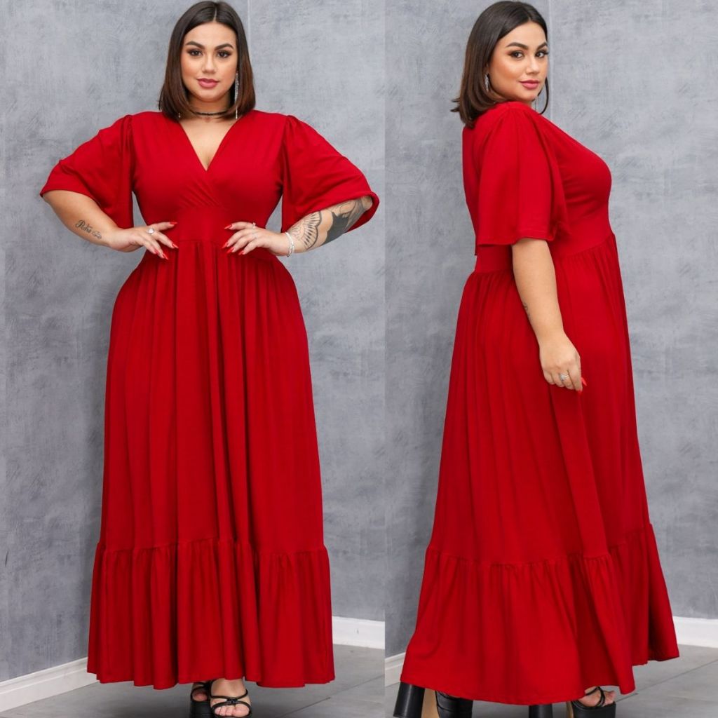 Vestido Longo 3 Marias Luxo Gola V Discreto Com Manga Estilo Sino Casual Plus Size