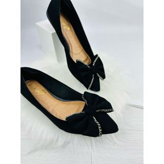 Sapatilha Feminina Bico Fino Laço com Corrente Preto, Azul Marinho Ref 042