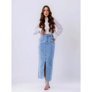 saia medi jeans com pedrinha