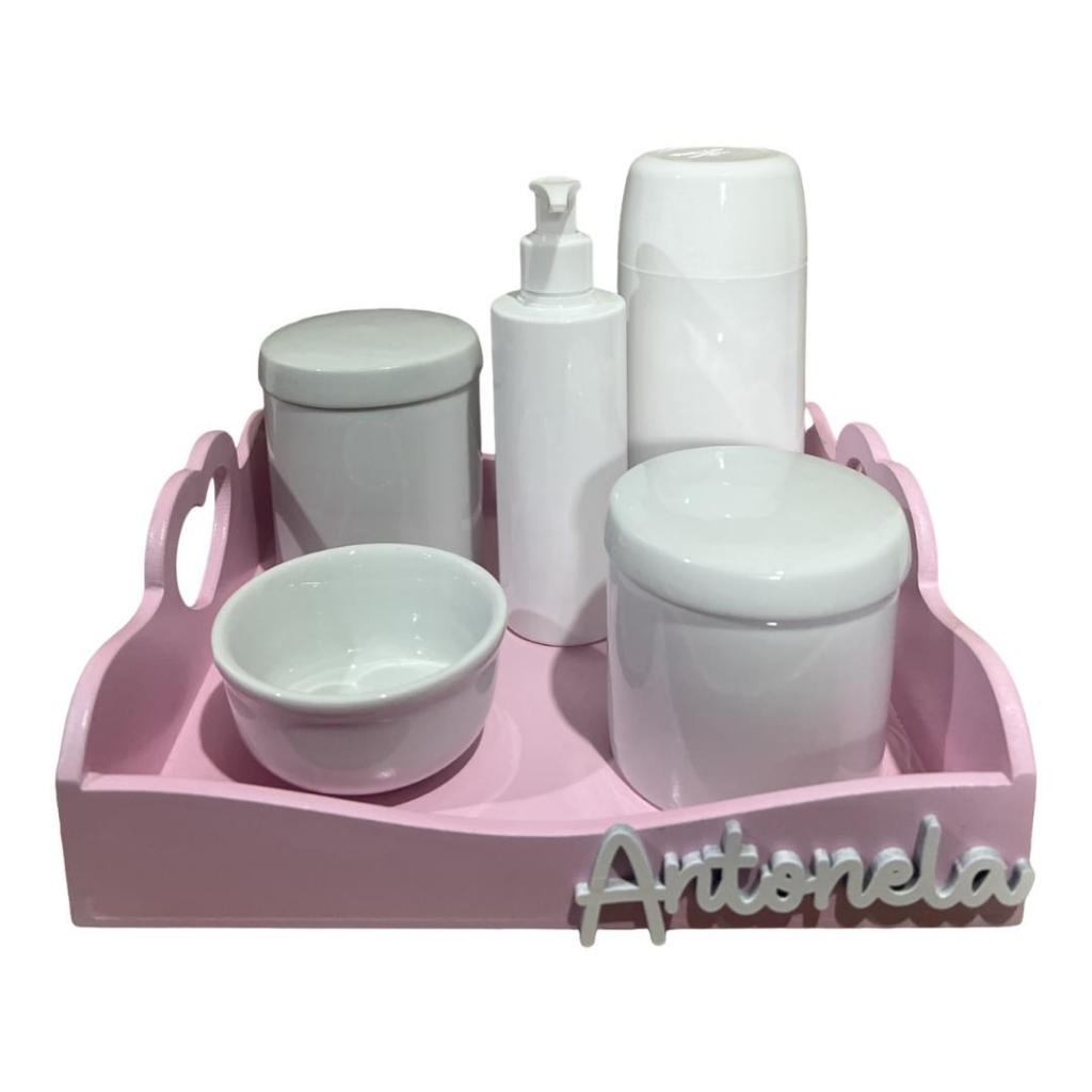 Kit Higiene Bebe Porcelana Bandeja Pinus Coração Rosa Nome Personalizado