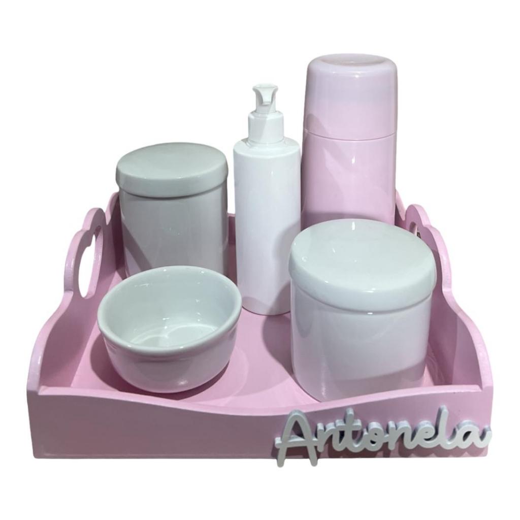 Kit Higiene Bebe Porcelana Bandeja Pinus Coração Rosa Nome Personalizado