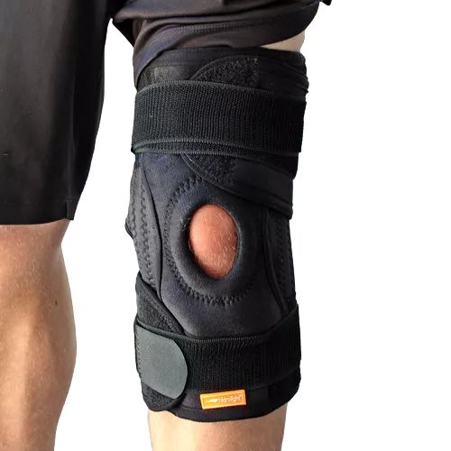Joelheira Ortopédica Mola Tala Lateral Aço Reforçada Velcro Elástico Ajustável Recupera Furo Patelar