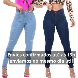 Kit 2 Calças Jeans Feminina Cintura Alta Lycra com Elastano Premium Cós Alto Modelagem Levanta Bumbum