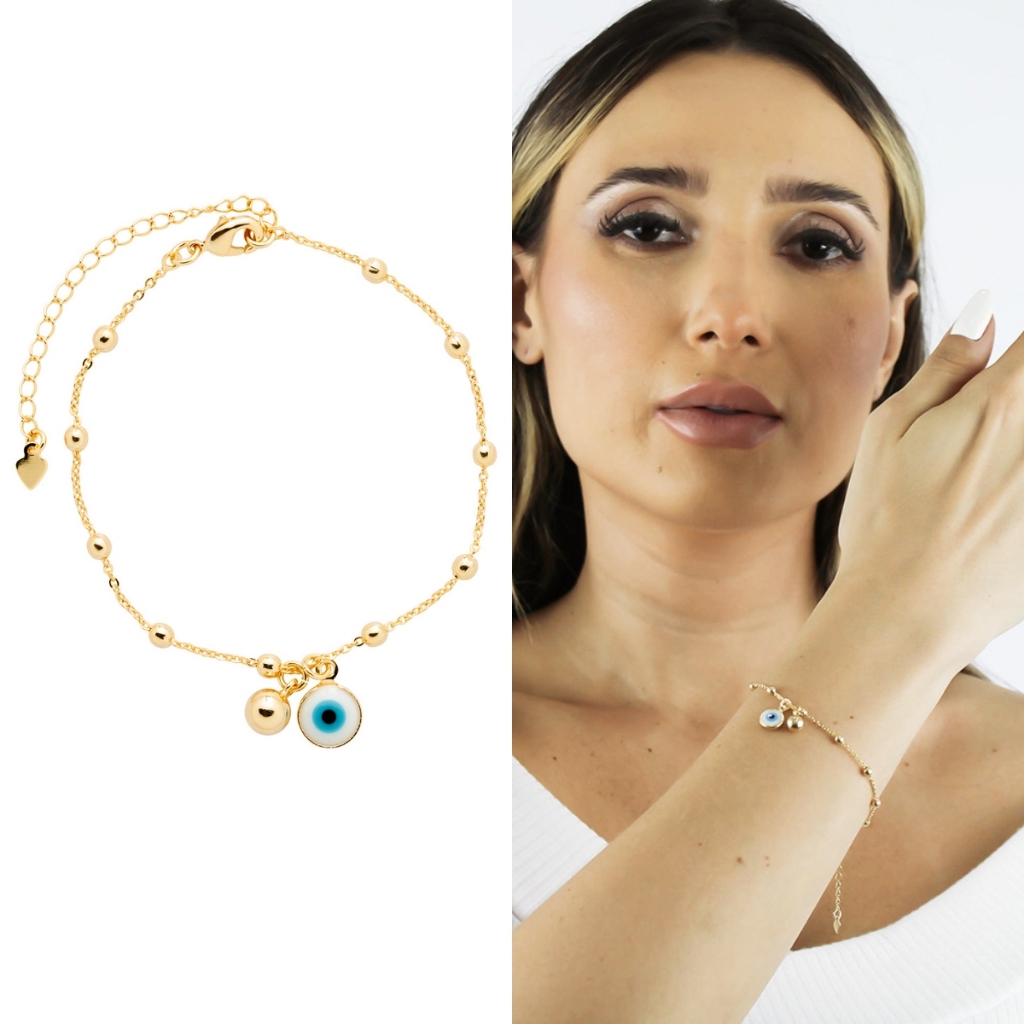 Pulseira Olho Grego com Bola Pequena Lisa Semi Joia Banhado Ouro 18k
