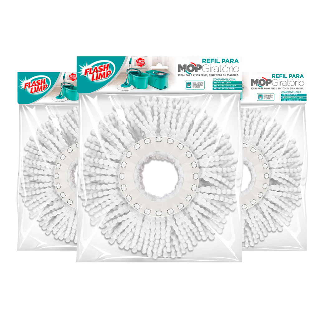 Refil Mop Giratorio Microfibra 12 Litros Kit 3 Uni Flash Limp - Home & Living