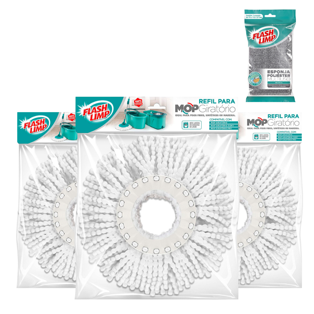 Kit 3 Refil Microfibra Para Mop Giratorio Limpeza Domestica + Esponja Poliester Multiuso Flash Limp em Oferta na Shopee