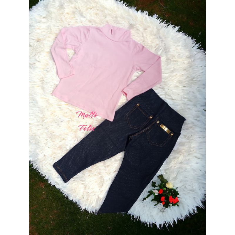 Conjunto Calça Legging Jeans Fake e Blusa Inverno Moda Escolar  Infantil Menina