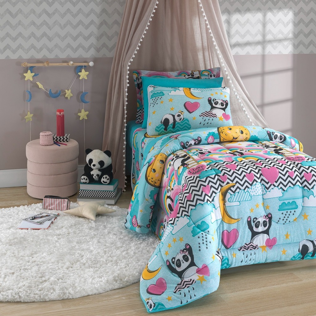 Kit Cama Solteiro Love Panda - Edredom Dupla Face  + 1 Jg Lençol Malha 100% Algodão