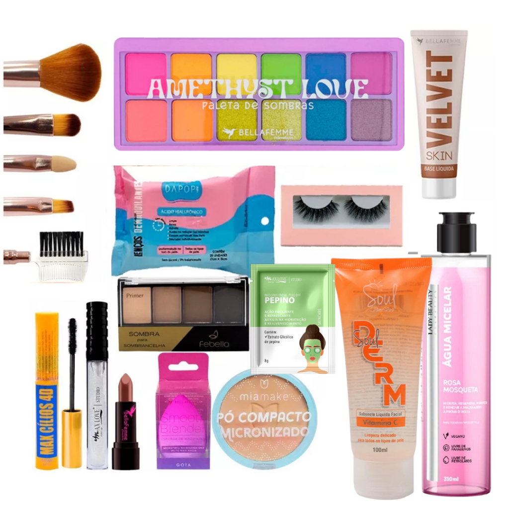 Kit de Maquiagem Pincel Demaquilante Base Pó Compacto Batom Paleta de Sombra