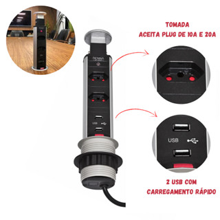 Torre Embutir Retrátil 2 Tomadas + 2 USB Carregamento Rápido Renna