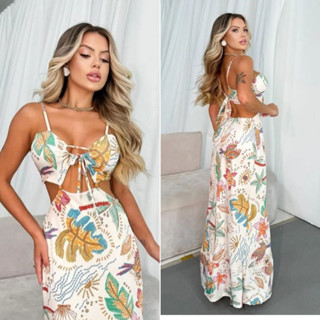 Vestido Tropical Longo amarração com bojo tecido fluity forrado alça ajustável babado moda verão roiupas femininas
