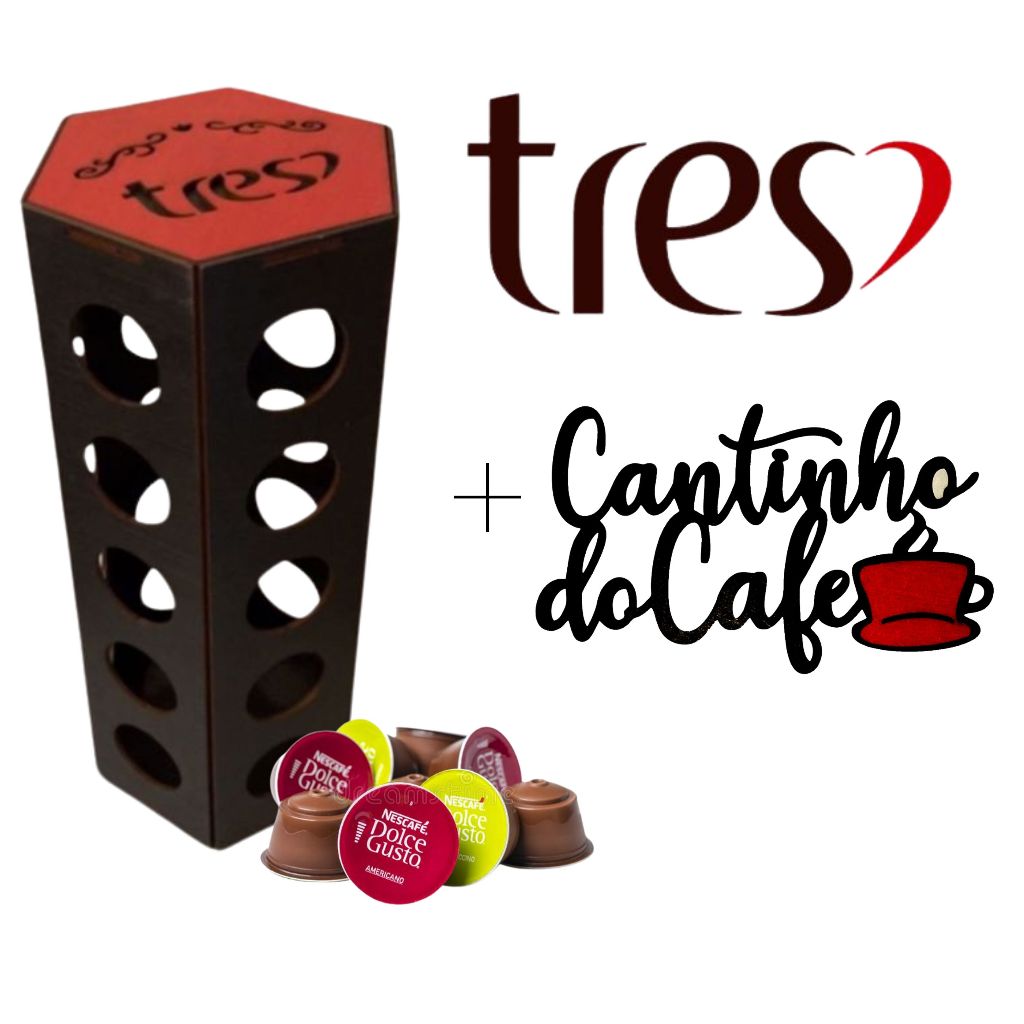 Porta Cápsulas TRÊS CORAÇÕES + FRASE cor PRETO e tampa VERMELHA café torre sextavada 3 corações mdf 30 cápsulas + Frase inauguração