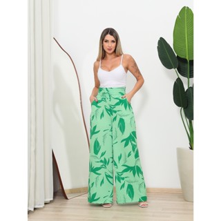 Calça pantalona estampada de cos alto de duna com forroC3035
