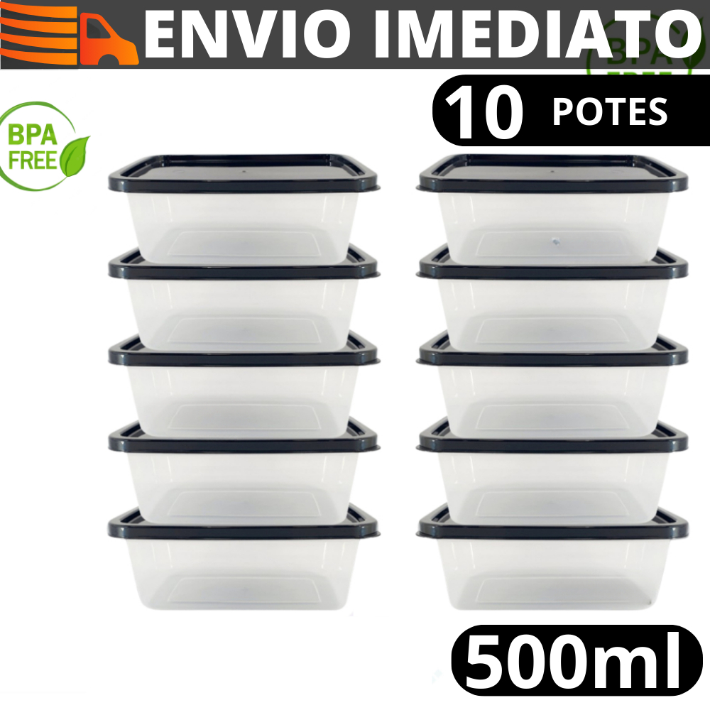 Kit 10 Potes Marmitas Fitness 500 ml c/ Tampa BPA Free Organizador de Alimentos e Mantimentos