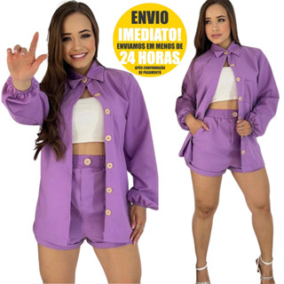 Conjunto Feminino Short e Blazer Camisa Manga Longa de Colarinho e Botões em Linho