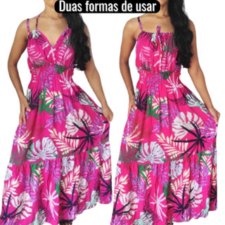 Vestido Viscose Feminino Estampado Floral Alcinha longo Verão Amarração Florido Babado casual Passeios Lastex
