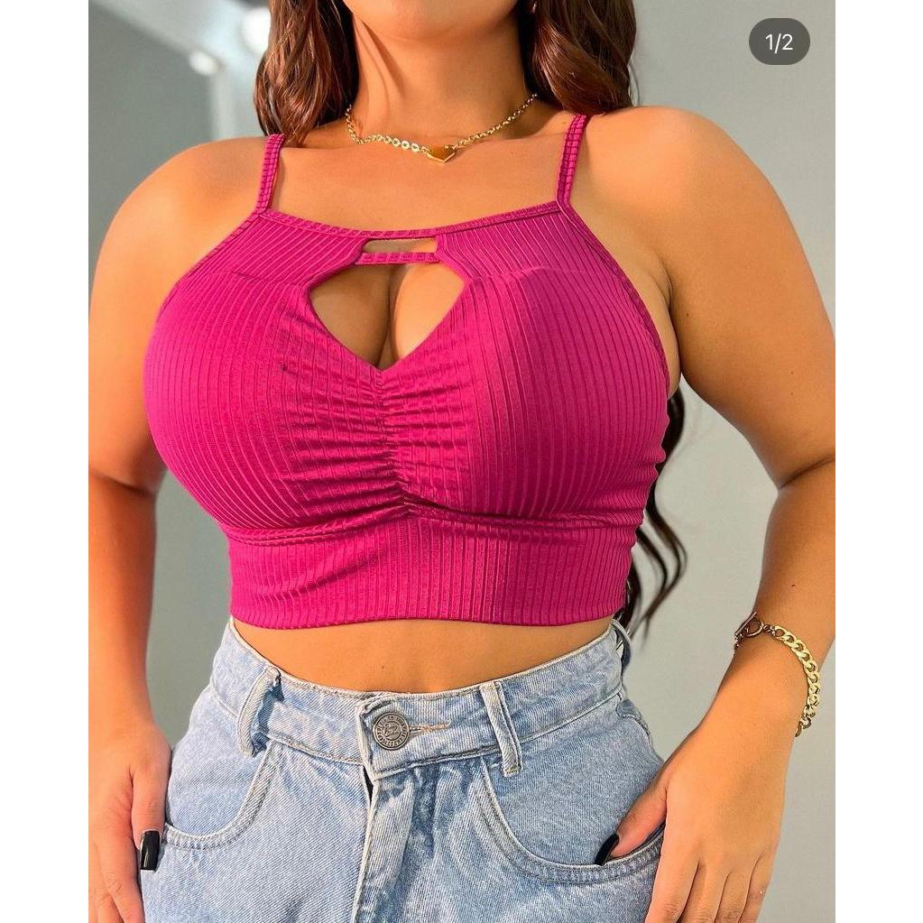 Cropped canelado feminino franzido com recorte decotado com alcinha tipo regata Luxo elegante Blogueira tendência promoção princesa