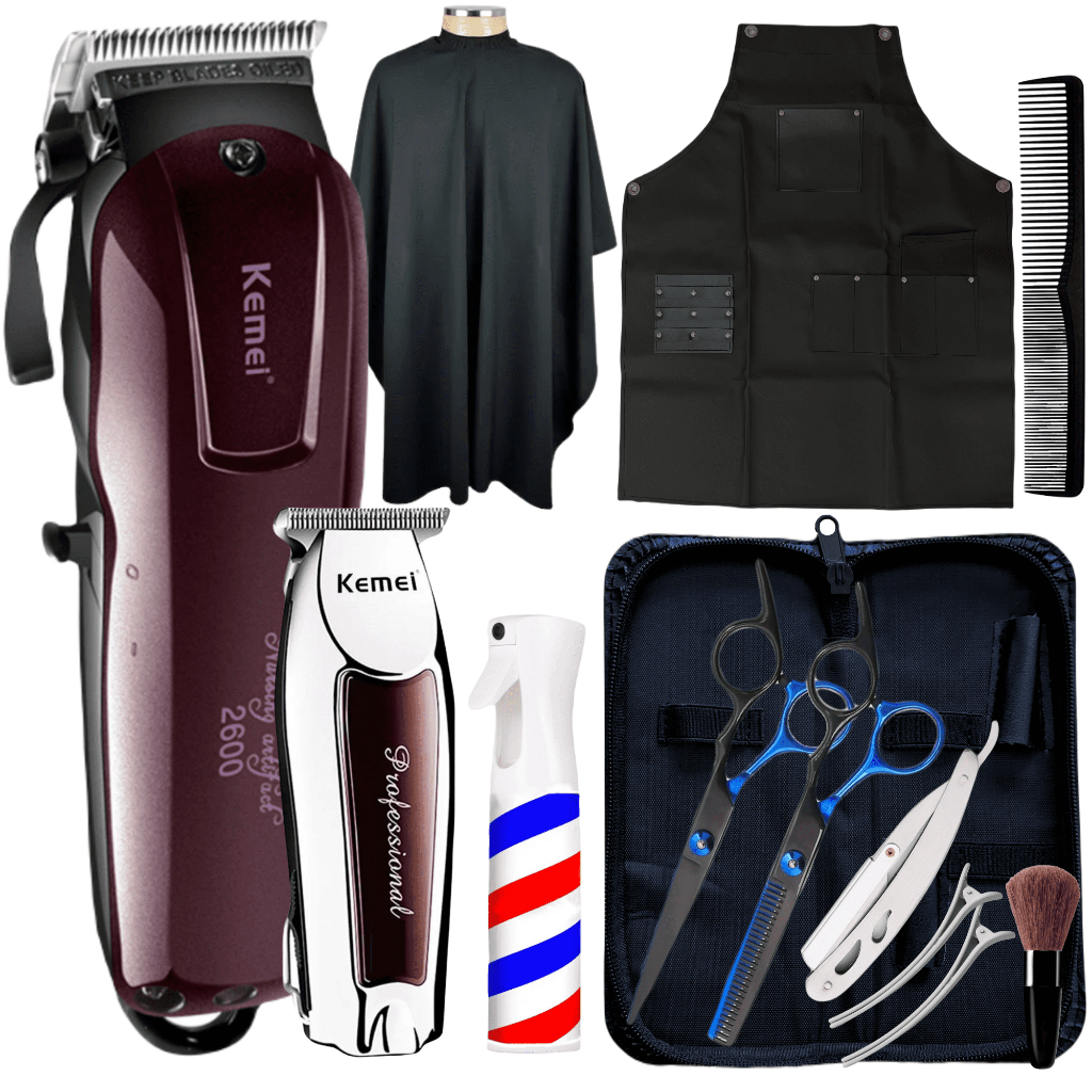 Kit Tesouras Profissional e Acessórios para Barbearia Borrifador Avental e Capa de Barbeiro + Kit Maquinas de Corte Profissional Kemei Maquina Corta Cabelo e Maquina de Acabamento  para Cabeleireiro