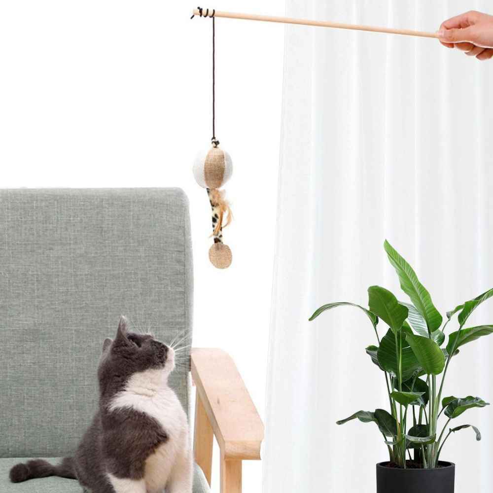 Kit 3 Varinha Brinquedo para Gato De Estimação Vareta Interativa de Madeira Sisal e Pelúcia com Pena