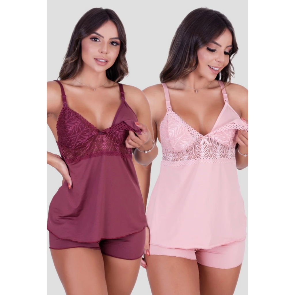 Kit 2 Baby Doll Amamentação Maternidade Pós Parto Gestante Pijamas