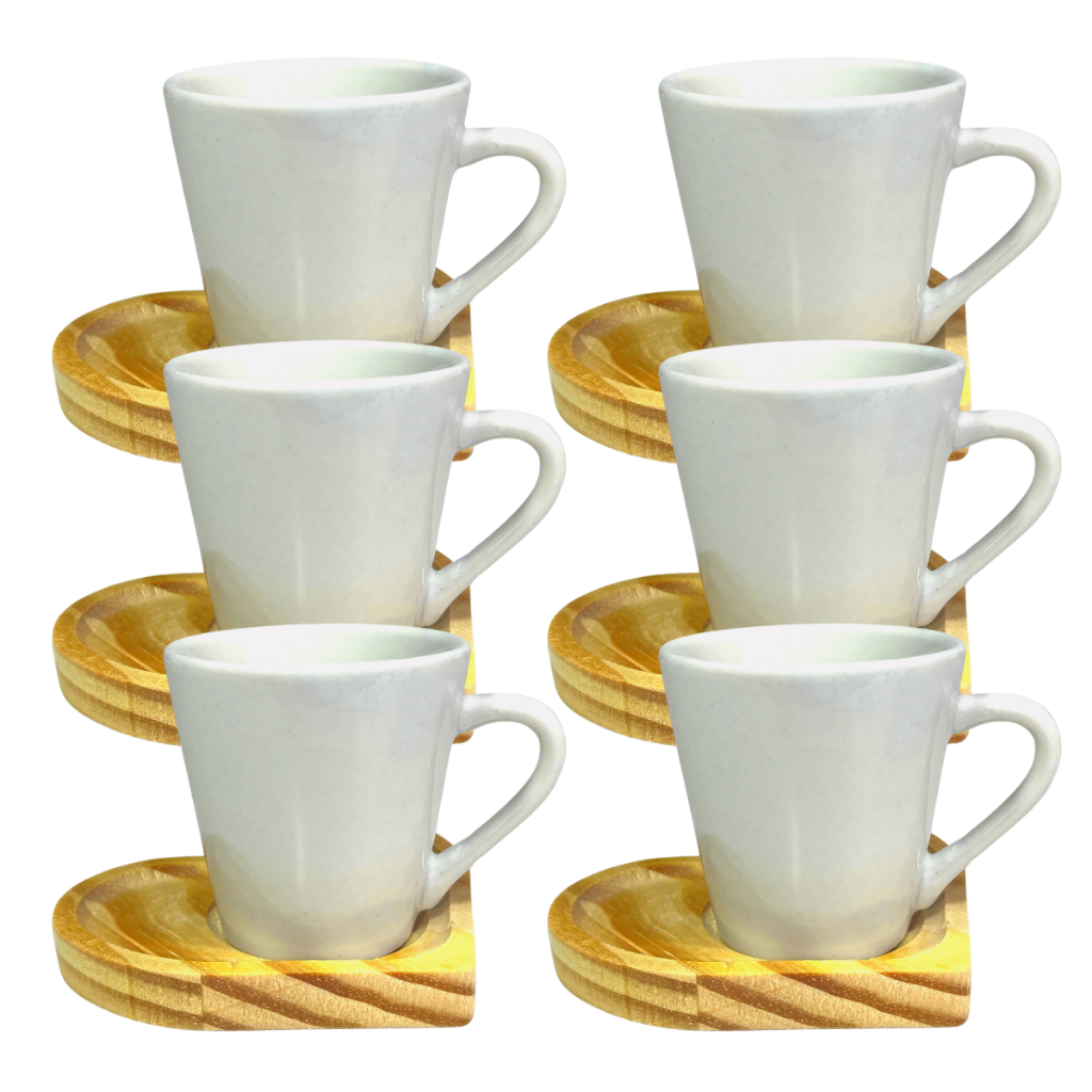 Xícaras de Café em Porcelana 120ml Com Pires Madeira Coração 12 Peças