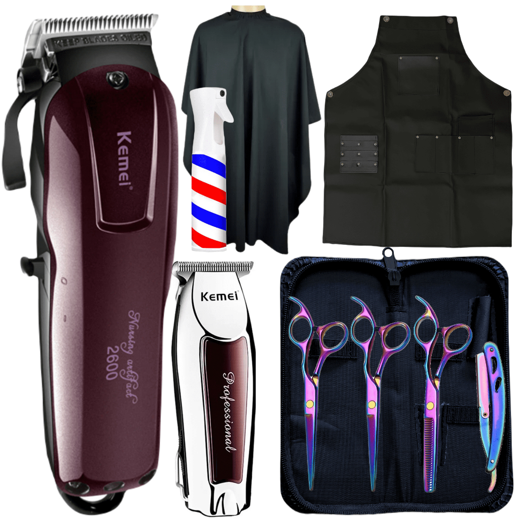 Kit Tesoura Barbeiro Cabeleireiro Tesoura Fio Laser Tesoura Fio Navalha com Navalhete Tesoura Desfiadeira Desbaste E Maquinas Corte Cabelo Maquina de Acabamento e Maquina Corta Cabelo com Acessorios Capa e Avental e Borrofador Nevoa