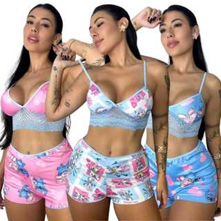 Kit 3 Conjunto Short Doll Curto Pijama de Dormir Estampado Feminino Personagem Sem Bojo com Alça Cropped