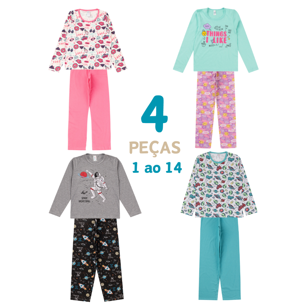 Pijama de frio Infantil Juvenil 4 PEÇAS menina ou menino inverno 1 ao 14