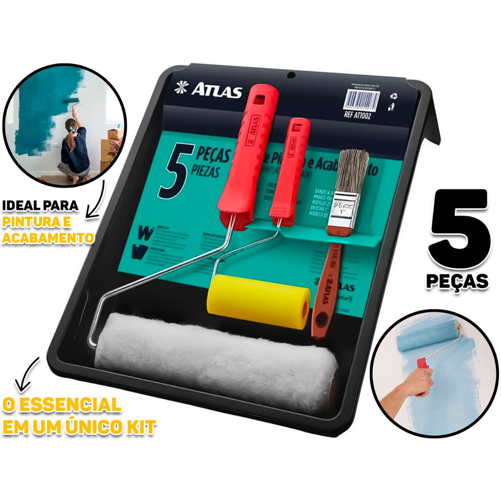 Kit Pintura E Decoração Completo Teto Parede Multiuso Rolo Bandeja Pincel Rolinho 5 Peças Atlas Original em Oferta na Shopee