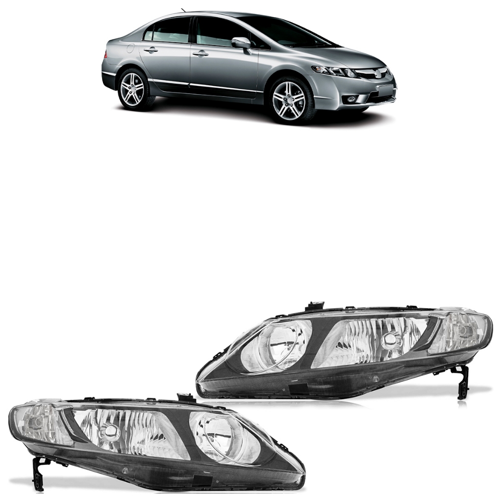 Farol Dianteiro New Civic 2007 2008 2009 2010 2011 Máscara Negra Lente Lisa Acrílico
