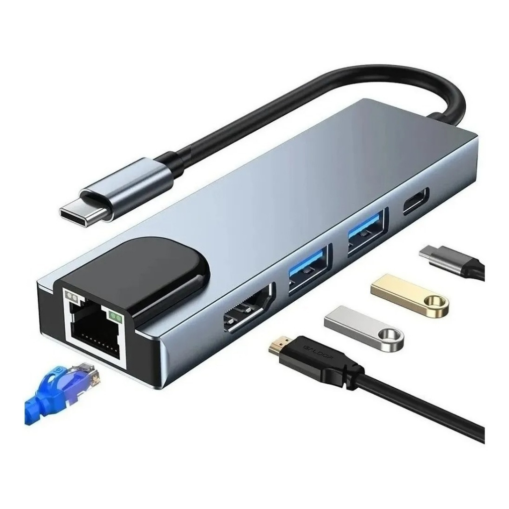 Adaptador Thunderbolt Tipo C Usb C Hub 5 Em 1 Tipo C Para Hdmi 4K Usb 3.0 Rj45 Lan