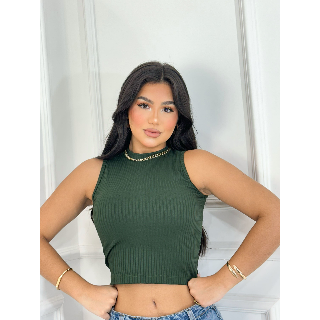 Blusa Feminina  Cropped Canelado Gola Alta Sem Manga Top Blogueira