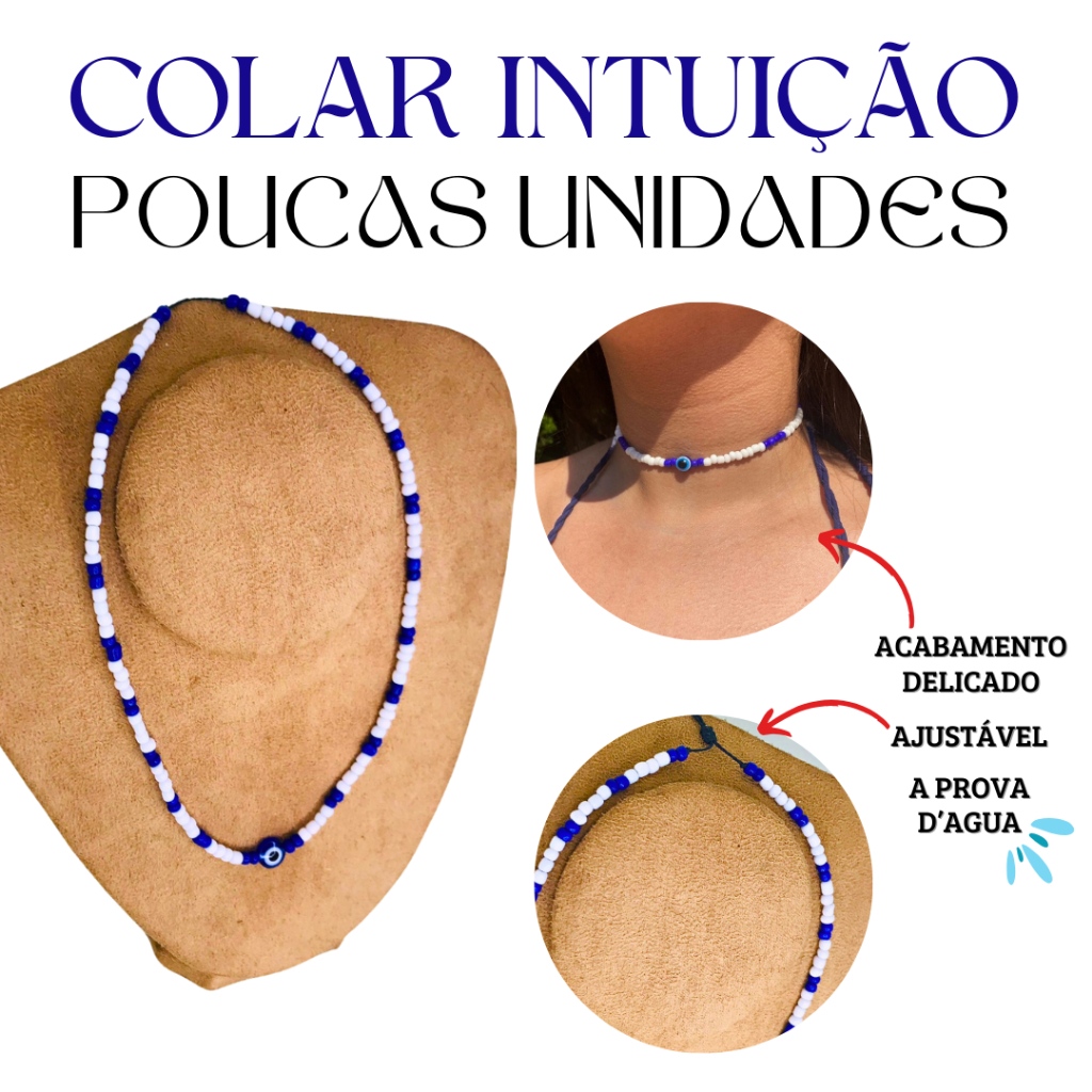 Colar Miçangas Olho Grego Feminino Ajustável Branco e Azul Afasta Mau Olhado Intuição Signos Praia Iemanjá Orixás