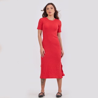 Vestido Midi Fenda Lateral Manga Curta Ribana