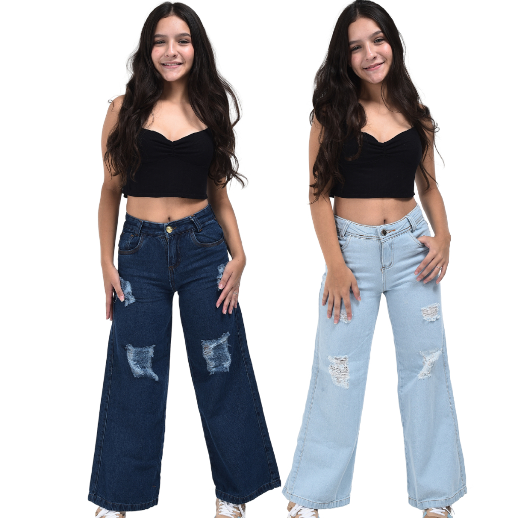 Kit 2 Calça jeans pantalona destroyed infantil juvenil feminina 10 ao 16 premium