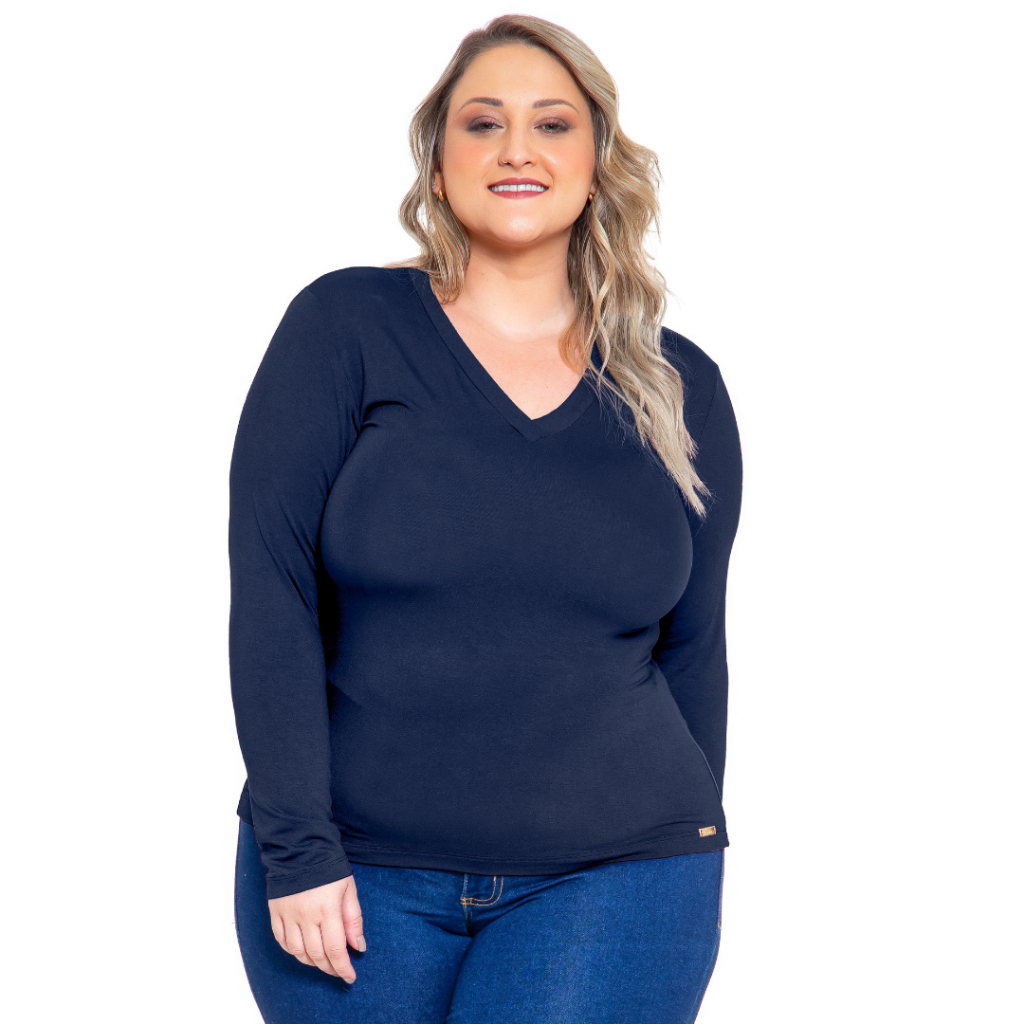 Blusa Plus Size Feminina Básica Manga Longa Gola V 0029