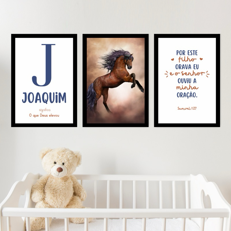 Kit 3 Quadros Decorativos 20x30 Infantil Personalizado Nome Bebê Para Quarto Ou Porta Maternidade Horse