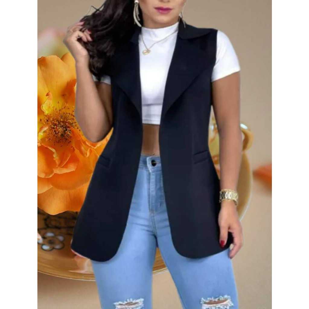 Max Colete Feminino Longo De Neoprene Moda Com Bolso Falso