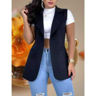Max Colete Feminino Longo De Neoprene Moda Com Bolso Falso