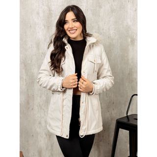Casaco Parka De Sarja Feminino Blogueira Forrada Pelúcia Roupas Inverno