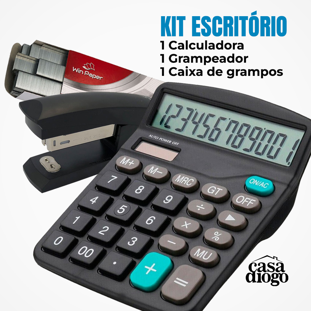 Calculadora Eletrônica Mesa + Grampeador Até 20fls + Grampos Papelaria Escritório Escola