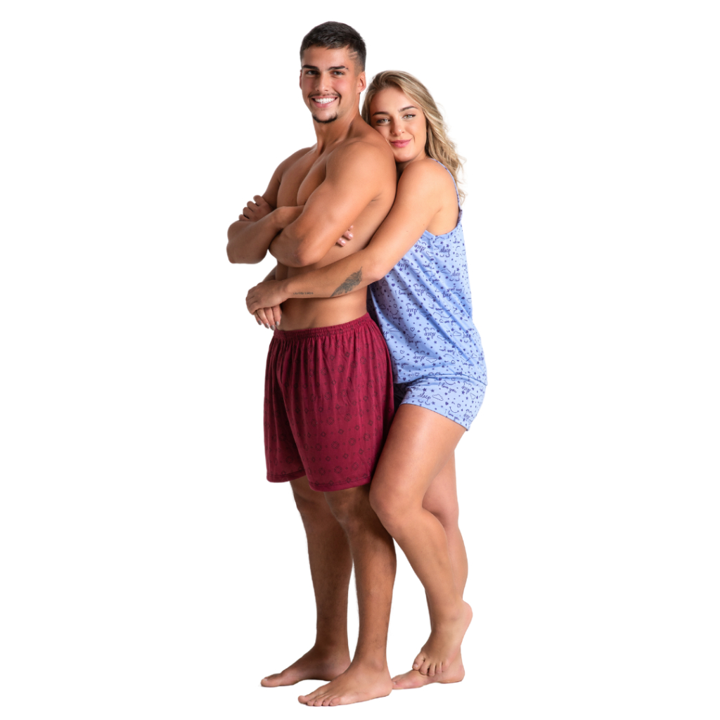 Kit Casal Linha Noite Baby Doll Curto Alcinha Estampas Sortidas Short Masculino De Dormir Soltinho 375